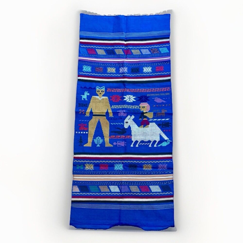 VTG Guatemalan Hand Woven Cotton Blue Textile Tapestry Llama 48" x 21” NWT